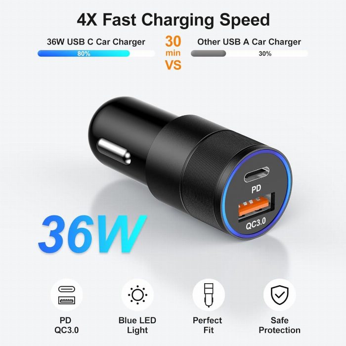 Carregador de carro USB e USB-C duplo - carregamento rápido e compacto