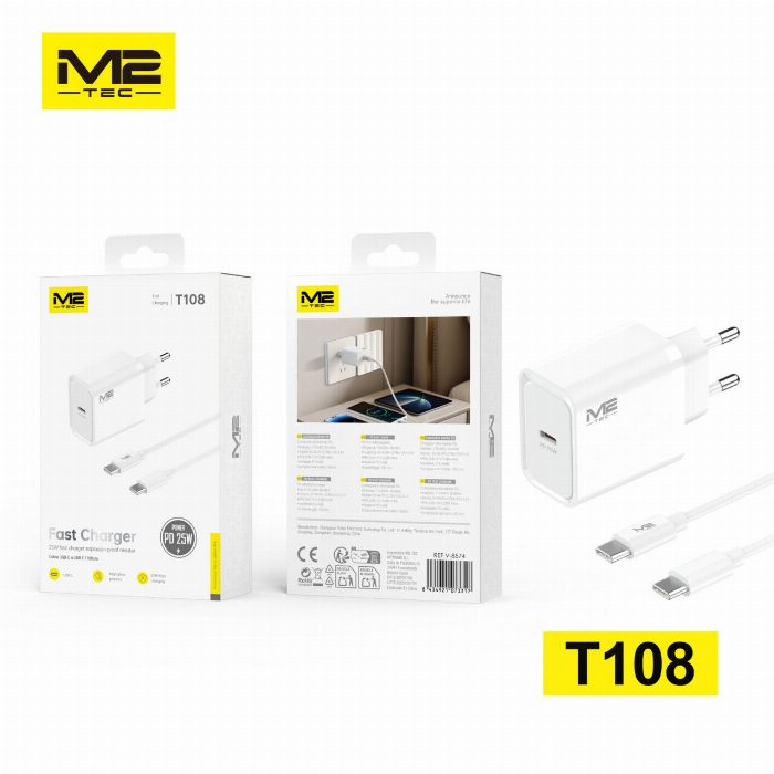 Carregador PD USB-C, 25W, com cabo USB-C a USB-C 100CM
