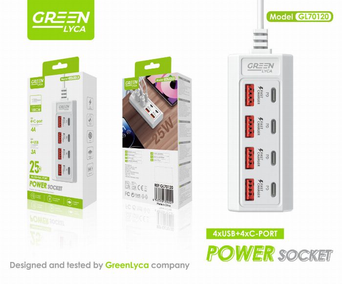 Carregador 25W, 4xC-port 4A, 4xUSB 3A