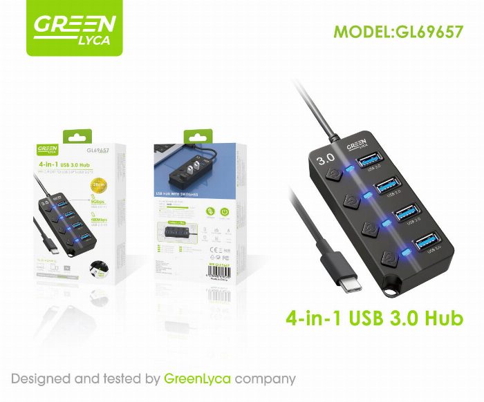 Hub 4 portas USB com interruptor e conexão Tipo-C