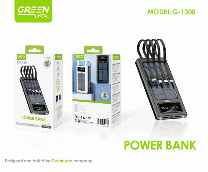 Powerbank, painel solar, 12000mAh, com múltiplos conectores