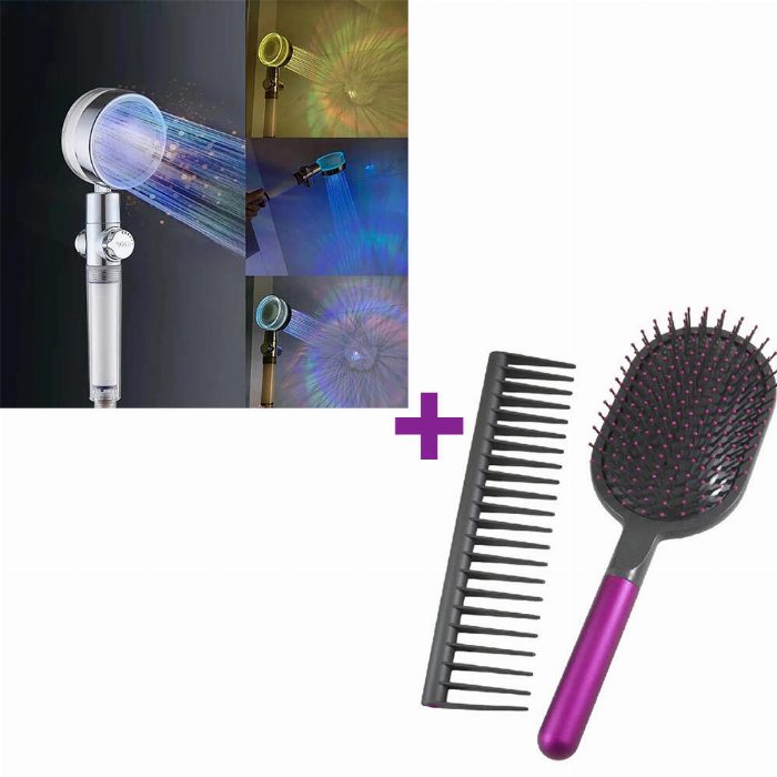 Cabeça de chuveiro da embalagem com luz LED & conjunto escova Pente desembaçador cabelo