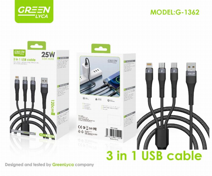 3 em 1 cabo, A, microUSB, Lightning, Tipo C