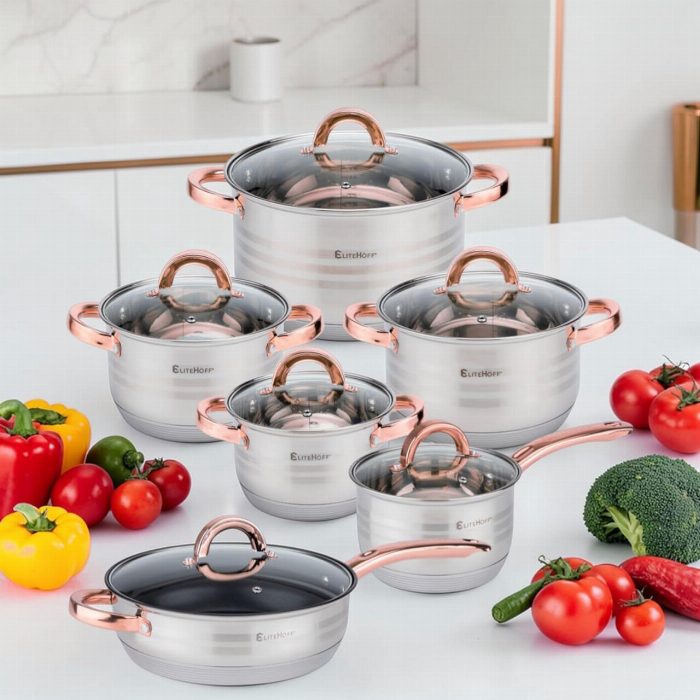 Potes de bateria de fogão 12 peças em aço inoxidável com tampas adequadas para todos os tipos de fogões, incluindo indução rosa
