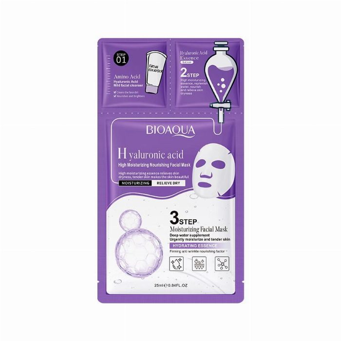 Máscara facial 3 passos ácido hialurónico e aminoácidos (0.8g + 0.8g + 25g)