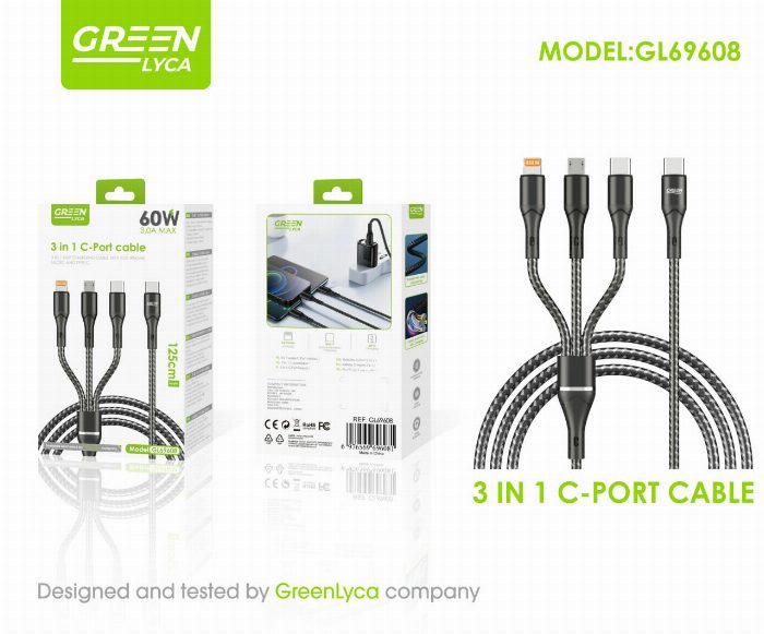 Cabo de carregamento rápido 3 em 1 USB-C (60W, 1,25m)
