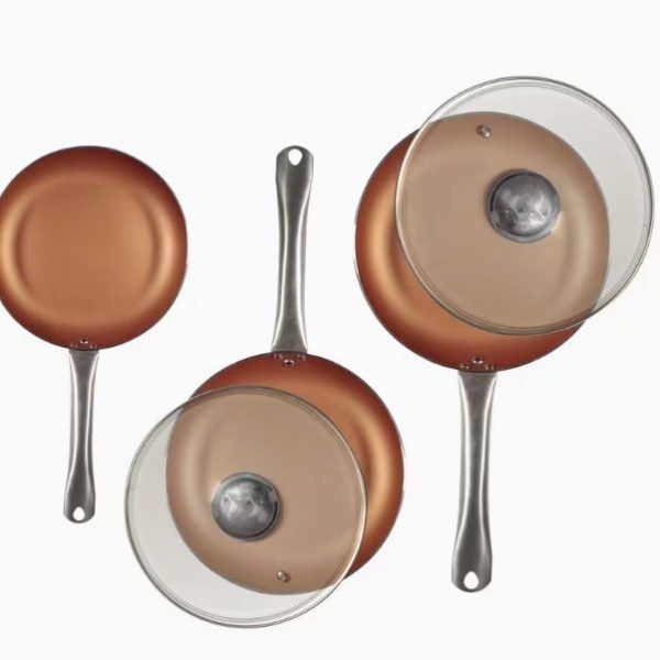 Antiaderente Pan Set Efeito de cobre com tampas de vidro