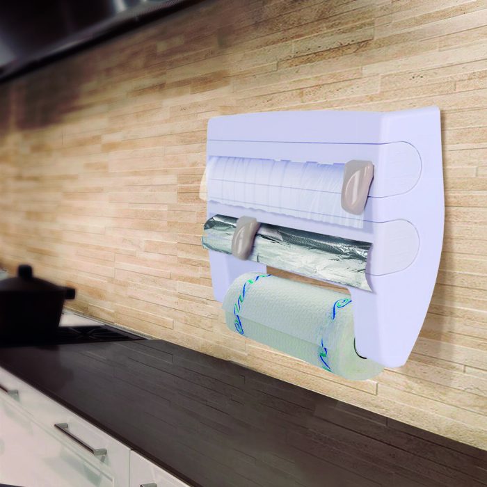 Suporte de rolo de parede para 3 rolos, suporte de rolos com lâminas para corte limpo, rolo de cozinha de plástico