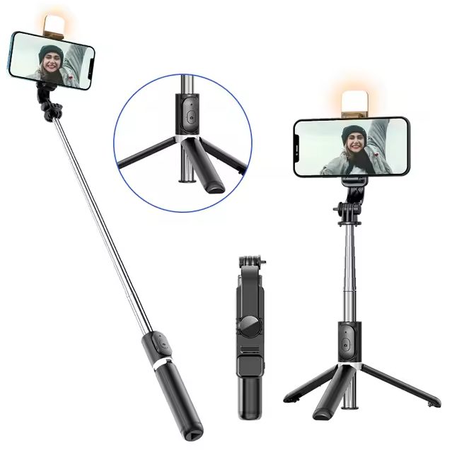 Tripé e selfie para telemóveis, comando Bluetooth, com rotação de 360 °, 1040 mm de comprimento, com luz, Q02S