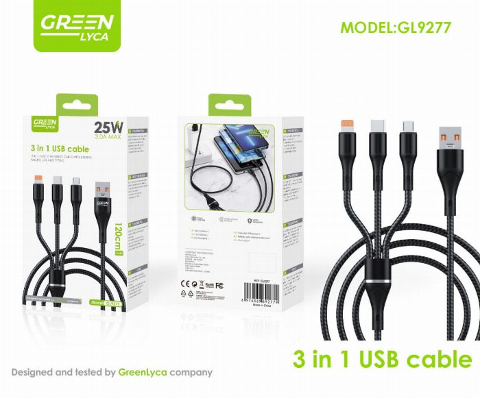 3 em 1 cabo de carregamento rápido 25 W, lithing/microUBS/type-C, sincronização de dados