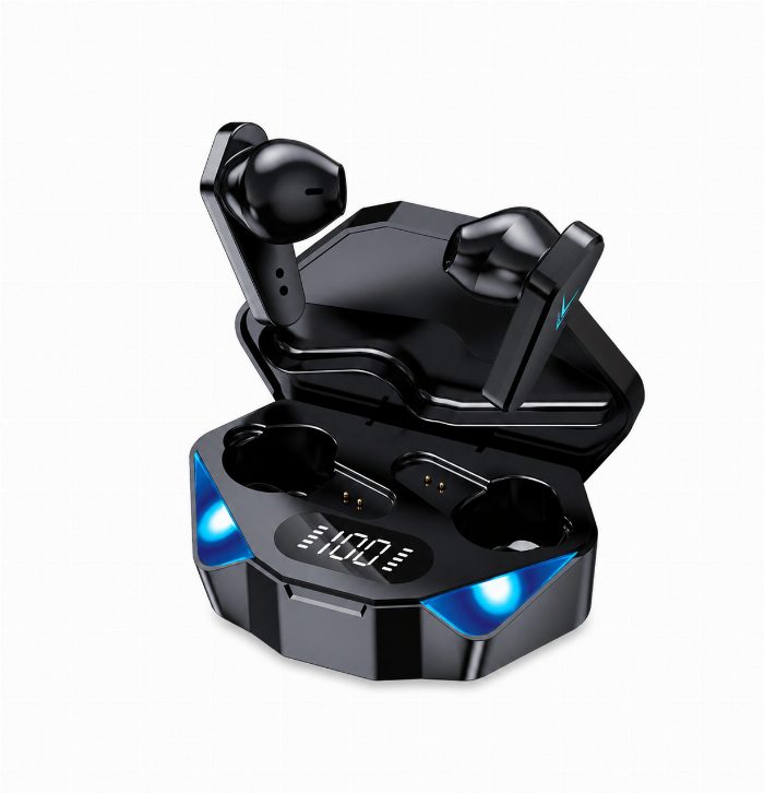 Auriculares sem fio de jogo com caixa LED e display