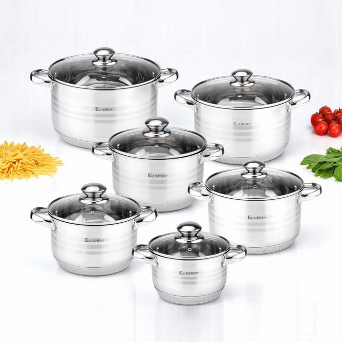Potes de bateria de fogão 12 peças em aço inoxidável com tampas adequadas para todos os tipos de cozinhas