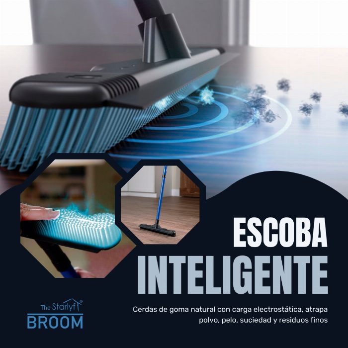 Vassoura multiuso em borracha natural com raspador integrado e alça telescópica