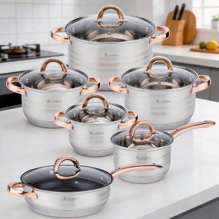 Bateria de cozinha 12 peças, conjunto de panela de aço inoxidável com tampas adequadas para todos os tipos de fogões, incluindo indução