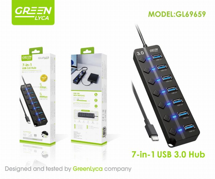 Tipo-c hub 7 em 1/ com interruptores de ligação/desliga, USB 3.0 X1, ubs 2.2 X6
