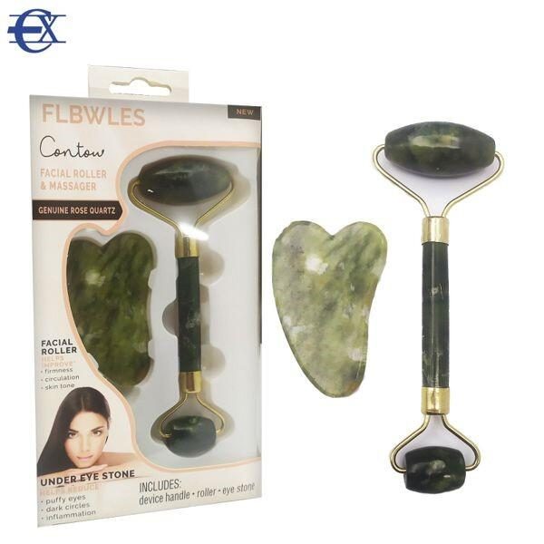 Massageador facial. rolo de jade e pedra de gua sha