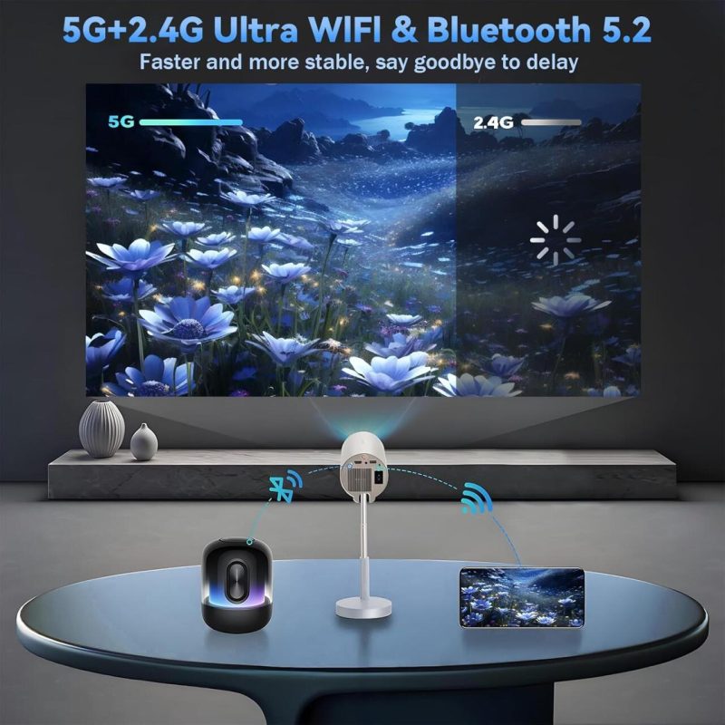 Projetor inteligente sem fio WiFi + Bluetooth com cabeça ajustável 90 °