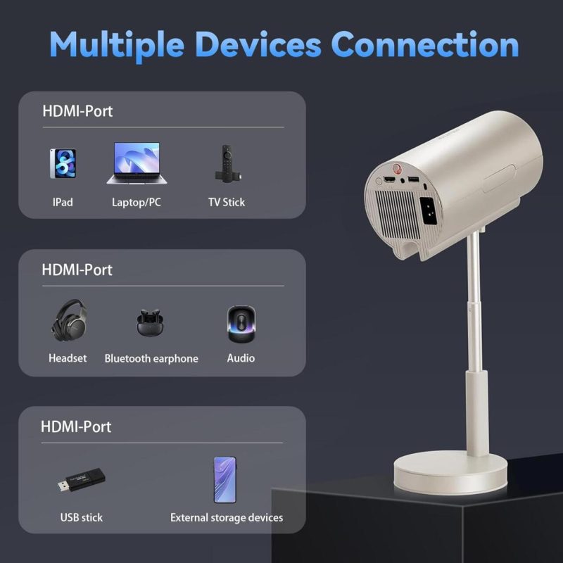 Projetor inteligente sem fio WiFi + Bluetooth com cabeça ajustável 90 °